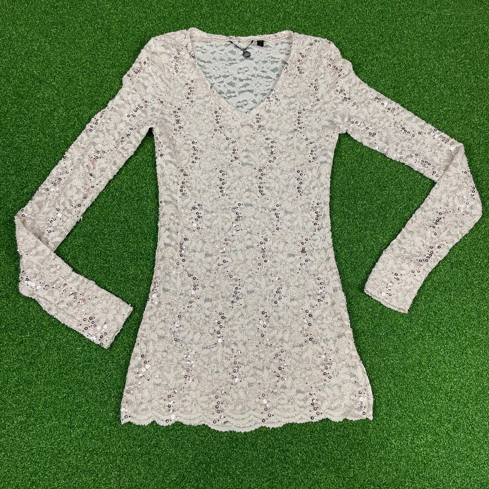 Y2K BKE Boutique Ivory / Light Mauve Full Lace Sequined Long Sleeve Top Sz S